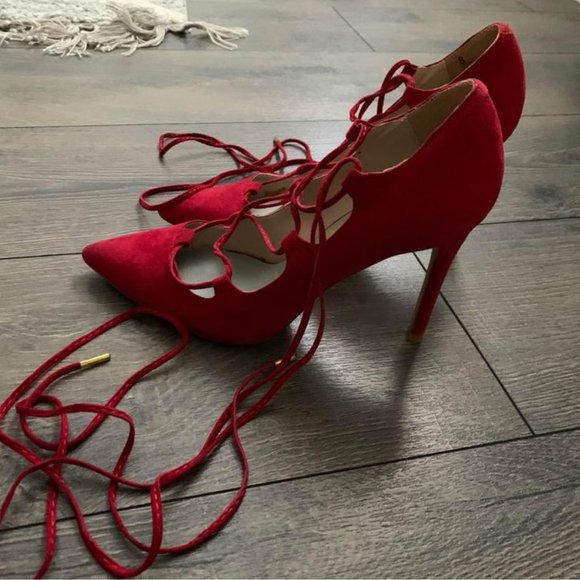 Red Suede Lace-Up Stiletto Pumps - Size 8 - Picture 1 of 4